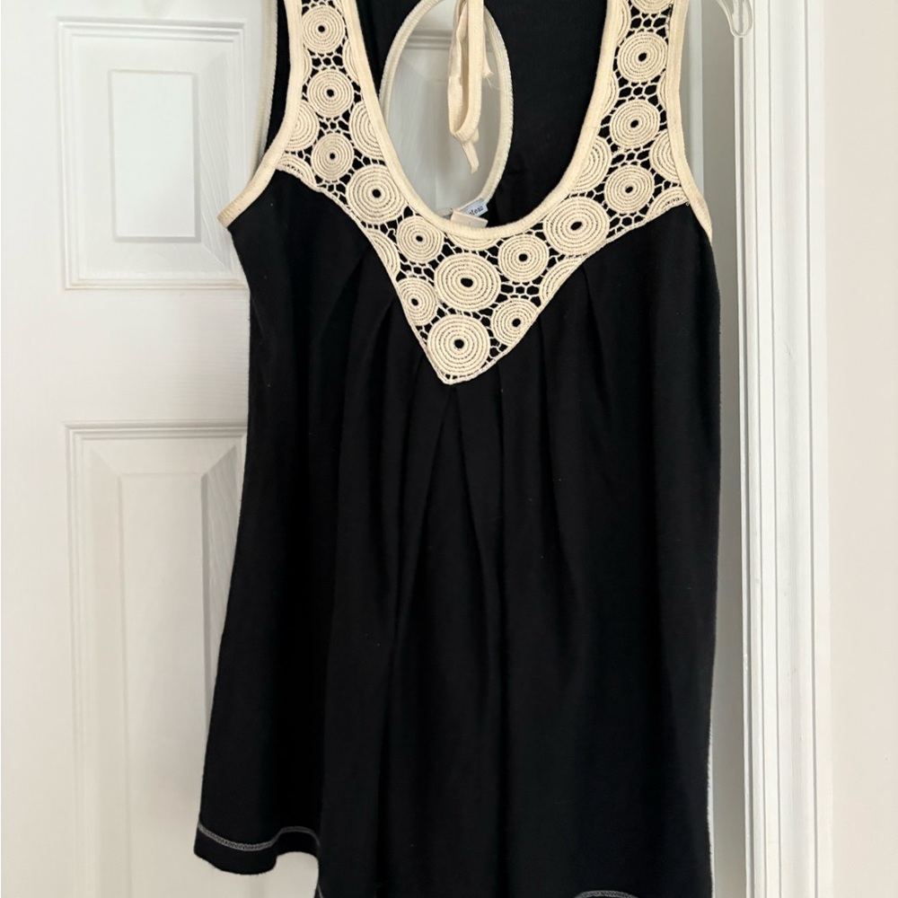 Black Sleeveless Top with Cream Crochet Detail